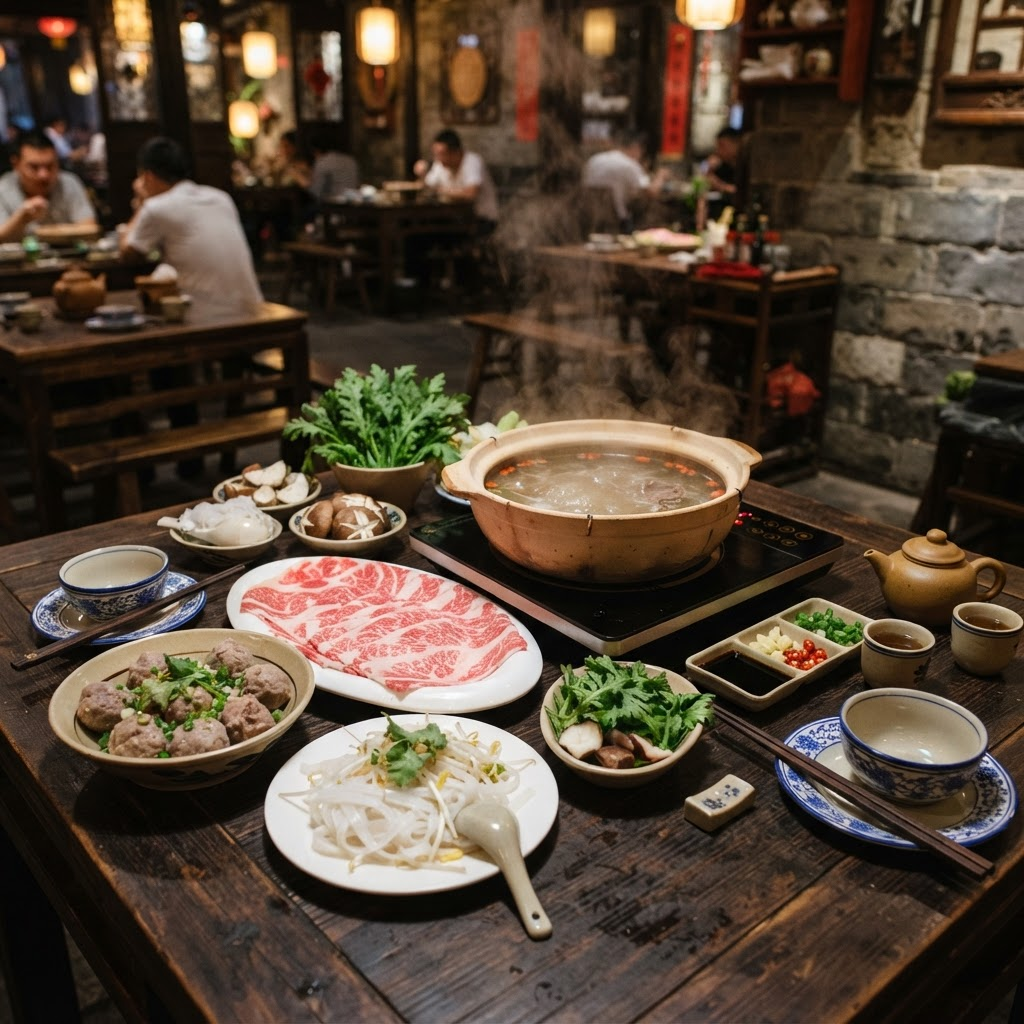 A spread of Chaoshan beef hot pot dishes including wagyu beef, beef balls, and rice noodles on a dark table