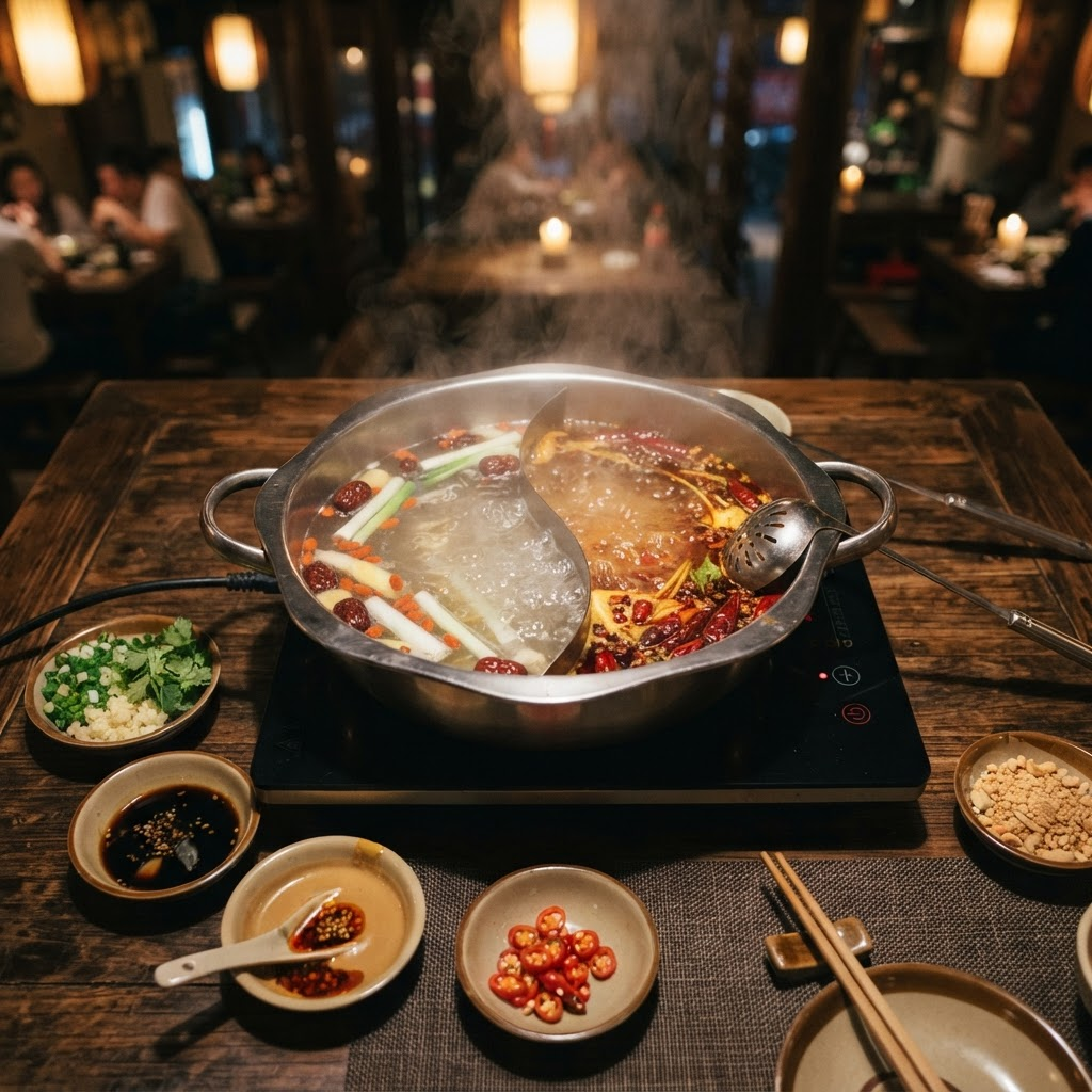A clear Chaoshan-style beef hot pot simmering in a clay pot with steam rising