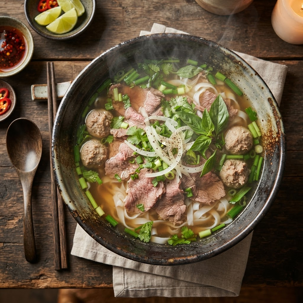 A steaming bowl of beef and beef-ball rice noodles with clear broth