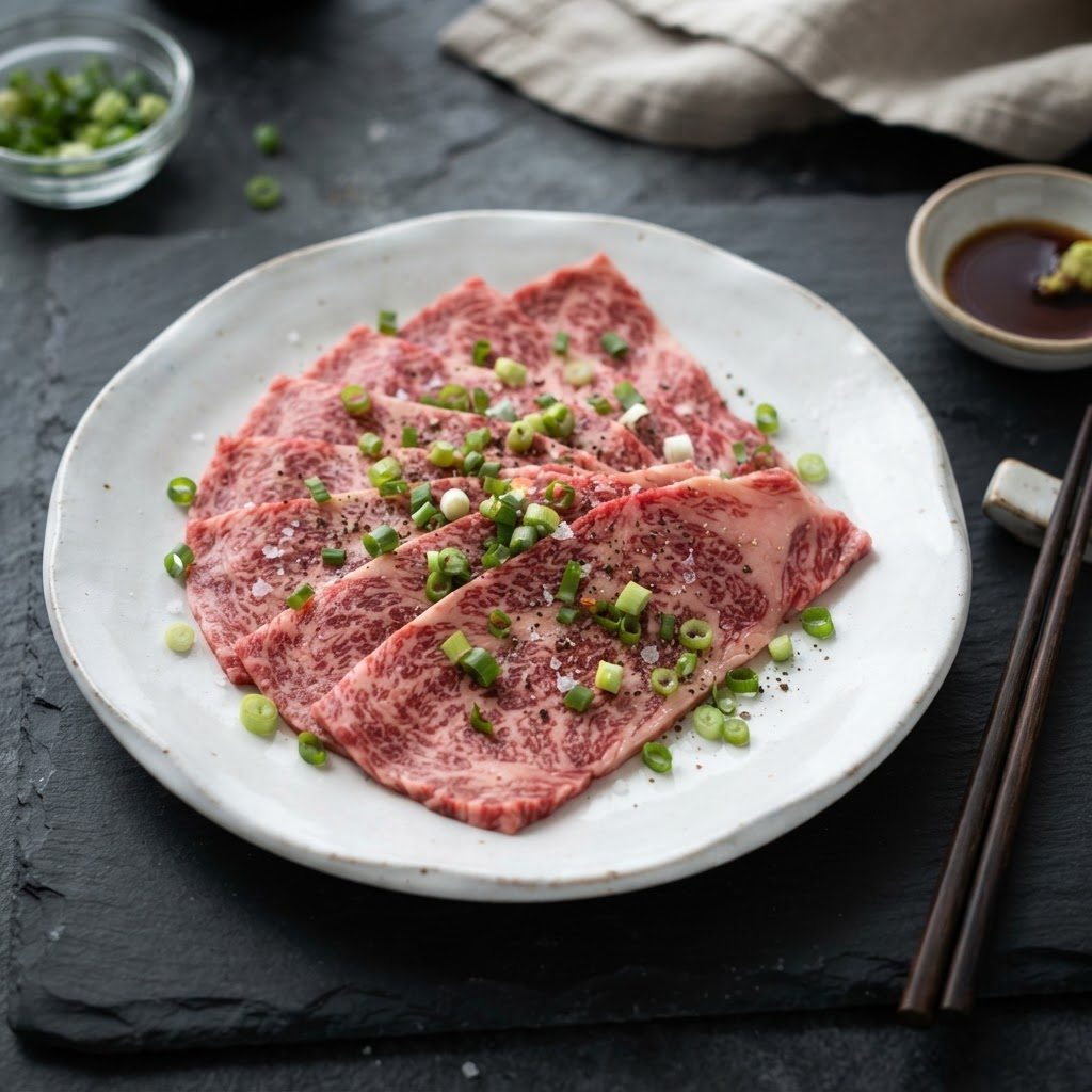 Thinly sliced premium Australian Wagyu beef fanned on a white plate